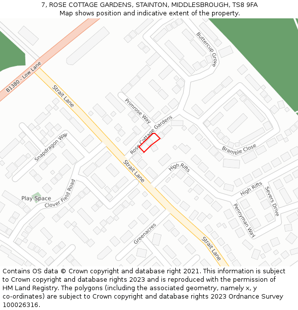 7, ROSE COTTAGE GARDENS, STAINTON, MIDDLESBROUGH, TS8 9FA: Location map and indicative extent of plot