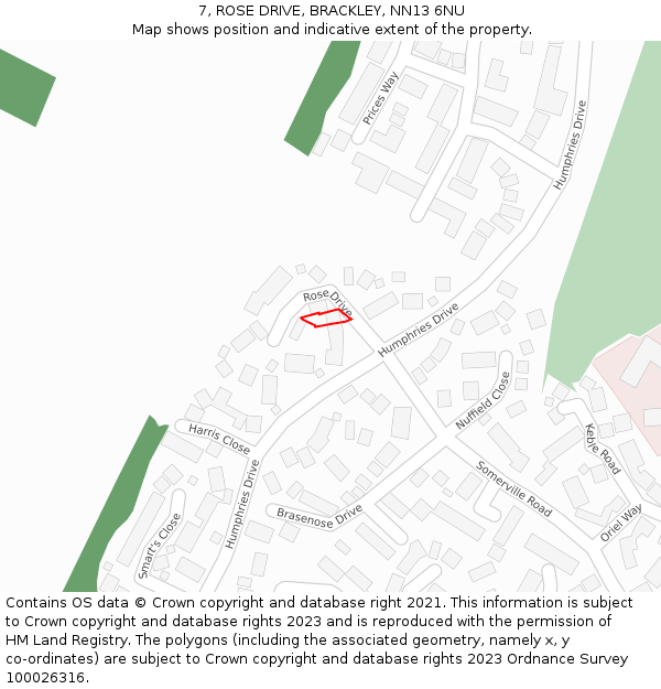 7, ROSE DRIVE, BRACKLEY, NN13 6NU: Location map and indicative extent of plot