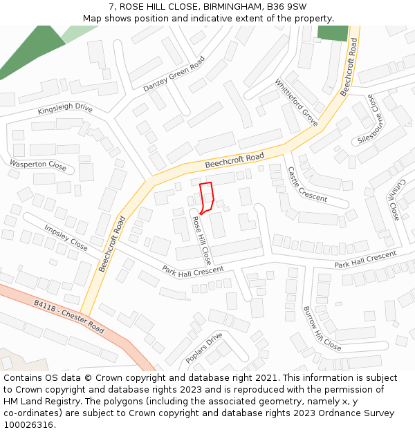 7, ROSE HILL CLOSE, BIRMINGHAM, B36 9SW: Location map and indicative extent of plot