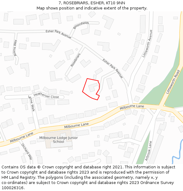 7, ROSEBRIARS, ESHER, KT10 9NN: Location map and indicative extent of plot