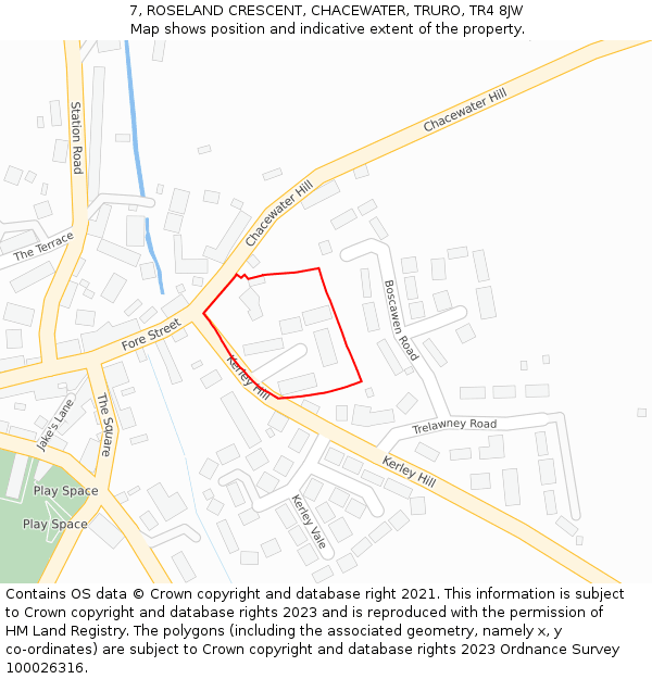 7, ROSELAND CRESCENT, CHACEWATER, TRURO, TR4 8JW: Location map and indicative extent of plot