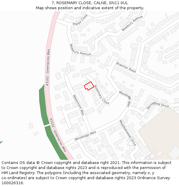 7, ROSEMARY CLOSE, CALNE, SN11 0UL: Location map and indicative extent of plot