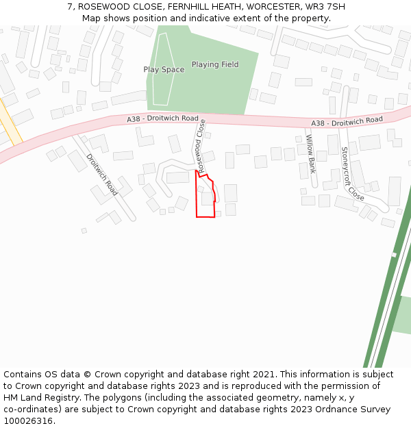 7, ROSEWOOD CLOSE, FERNHILL HEATH, WORCESTER, WR3 7SH: Location map and indicative extent of plot