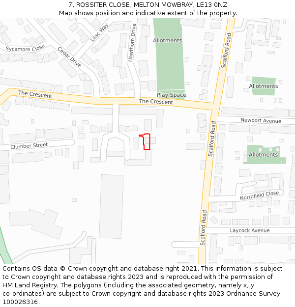 7, ROSSITER CLOSE, MELTON MOWBRAY, LE13 0NZ: Location map and indicative extent of plot