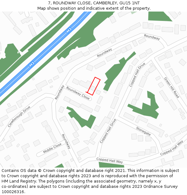 7, ROUNDWAY CLOSE, CAMBERLEY, GU15 1NT: Location map and indicative extent of plot