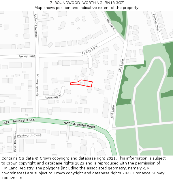 7, ROUNDWOOD, WORTHING, BN13 3GZ: Location map and indicative extent of plot