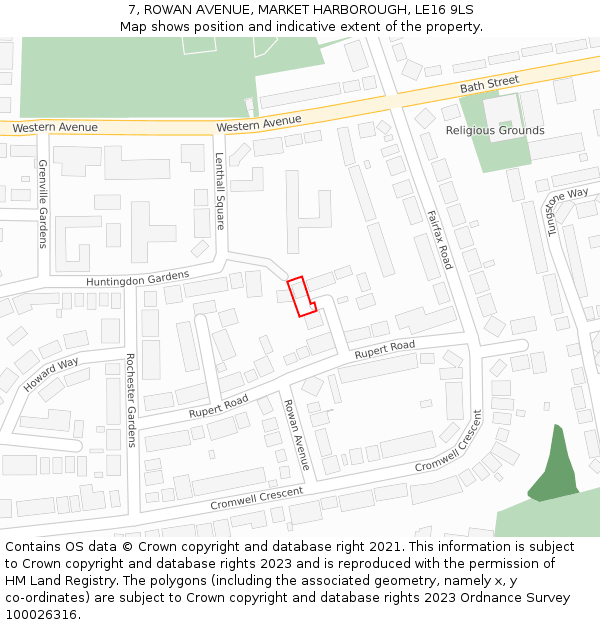 7, ROWAN AVENUE, MARKET HARBOROUGH, LE16 9LS: Location map and indicative extent of plot