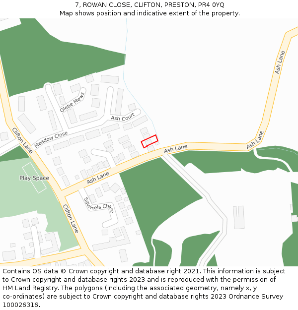 7, ROWAN CLOSE, CLIFTON, PRESTON, PR4 0YQ: Location map and indicative extent of plot