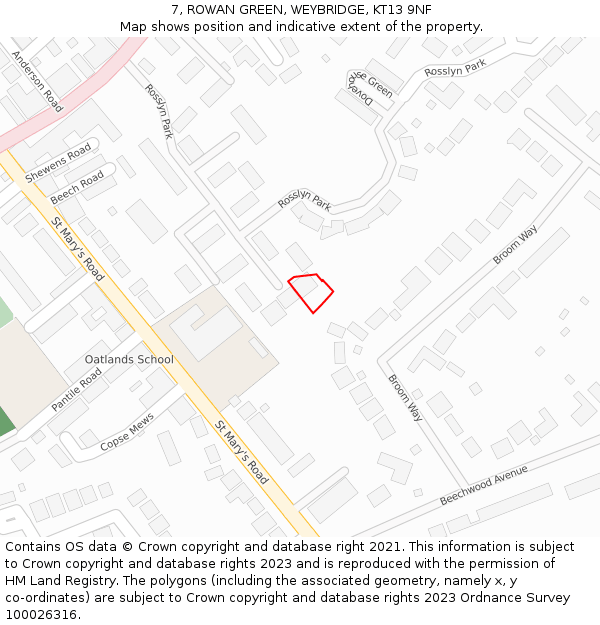 7, ROWAN GREEN, WEYBRIDGE, KT13 9NF: Location map and indicative extent of plot