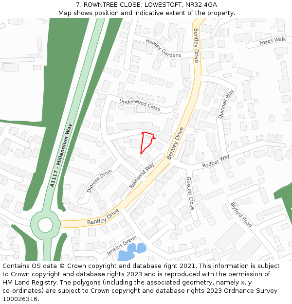 7, ROWNTREE CLOSE, LOWESTOFT, NR32 4GA: Location map and indicative extent of plot