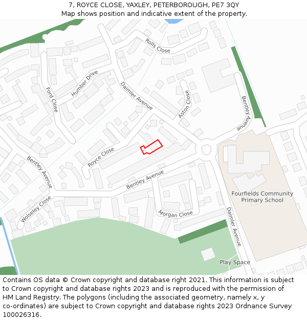 7, ROYCE CLOSE, YAXLEY, PETERBOROUGH, PE7 3QY: Location map and indicative extent of plot