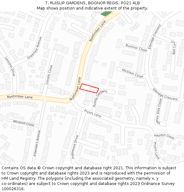 7, RUISLIP GARDENS, BOGNOR REGIS, PO21 4LB: Location map and indicative extent of plot