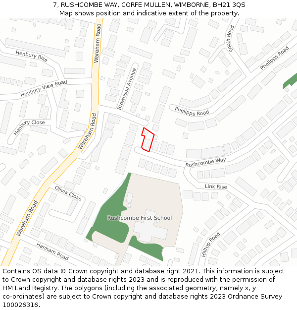 7, RUSHCOMBE WAY, CORFE MULLEN, WIMBORNE, BH21 3QS: Location map and indicative extent of plot