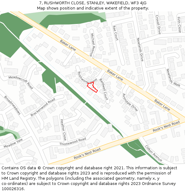 7, RUSHWORTH CLOSE, STANLEY, WAKEFIELD, WF3 4JG: Location map and indicative extent of plot