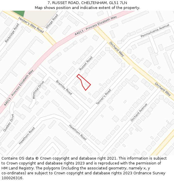 7, RUSSET ROAD, CHELTENHAM, GL51 7LN: Location map and indicative extent of plot