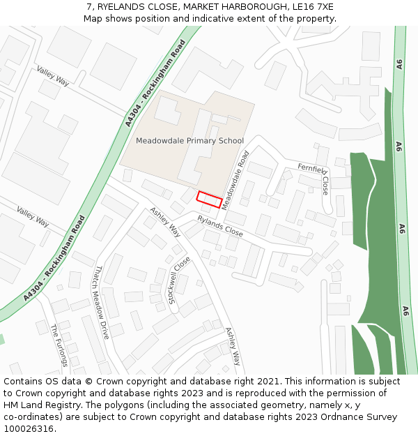 7, RYELANDS CLOSE, MARKET HARBOROUGH, LE16 7XE: Location map and indicative extent of plot