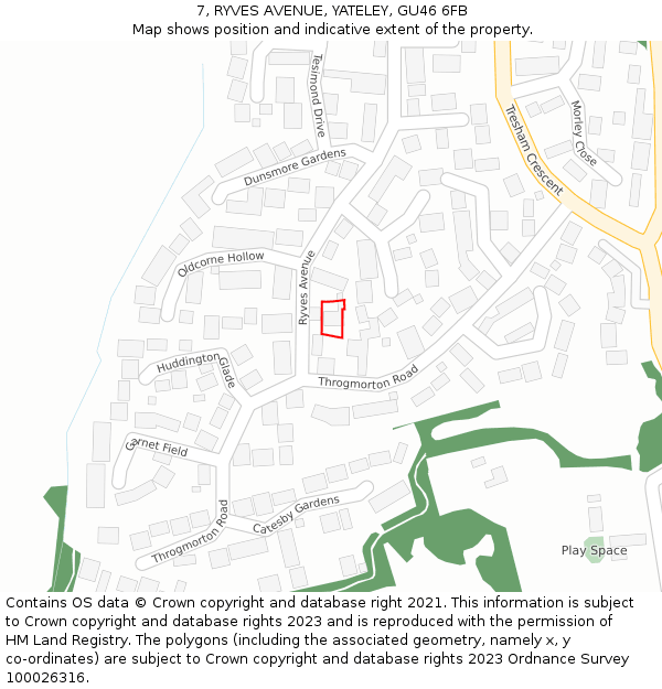 7, RYVES AVENUE, YATELEY, GU46 6FB: Location map and indicative extent of plot