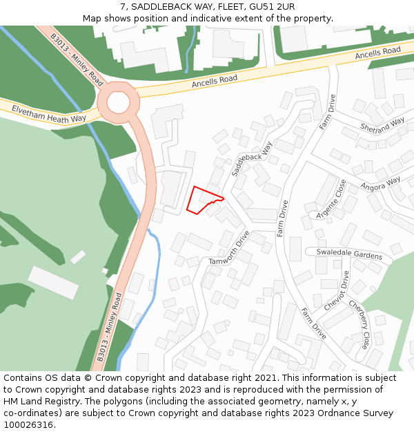 7, SADDLEBACK WAY, FLEET, GU51 2UR: Location map and indicative extent of plot