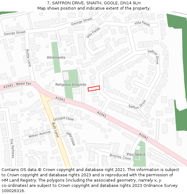 7, SAFFRON DRIVE, SNAITH, GOOLE, DN14 9LH: Location map and indicative extent of plot