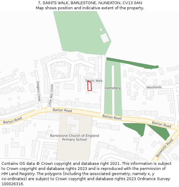 7, SAINTS WALK, BARLESTONE, NUNEATON, CV13 0AN: Location map and indicative extent of plot
