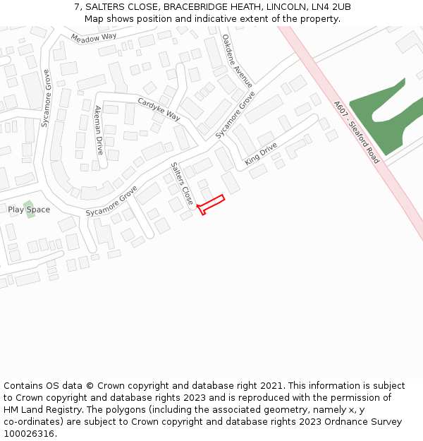 7, SALTERS CLOSE, BRACEBRIDGE HEATH, LINCOLN, LN4 2UB: Location map and indicative extent of plot