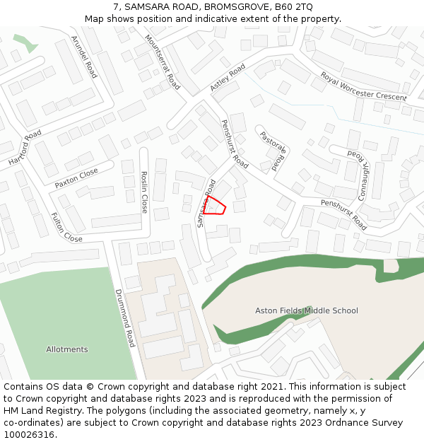 7, SAMSARA ROAD, BROMSGROVE, B60 2TQ: Location map and indicative extent of plot