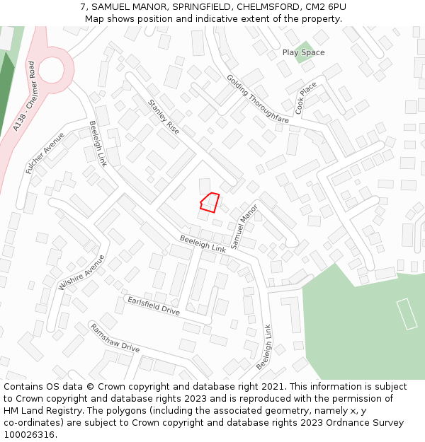 7, SAMUEL MANOR, SPRINGFIELD, CHELMSFORD, CM2 6PU: Location map and indicative extent of plot