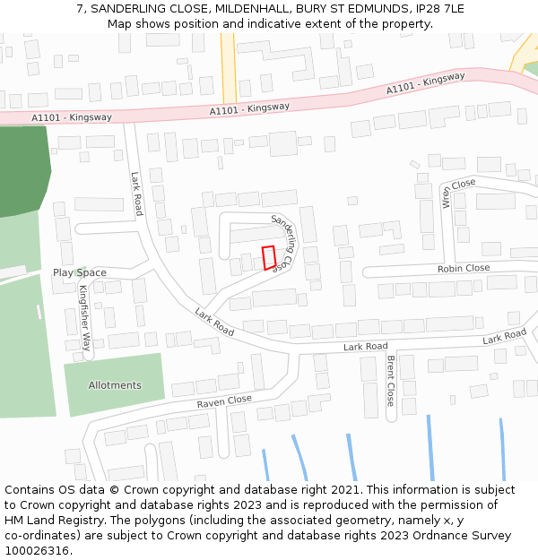 7, SANDERLING CLOSE, MILDENHALL, BURY ST EDMUNDS, IP28 7LE: Location map and indicative extent of plot