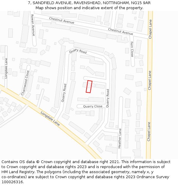 7, SANDFIELD AVENUE, RAVENSHEAD, NOTTINGHAM, NG15 9AR: Location map and indicative extent of plot