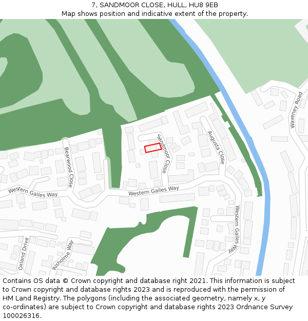 7, SANDMOOR CLOSE, HULL, HU8 9EB: Location map and indicative extent of plot