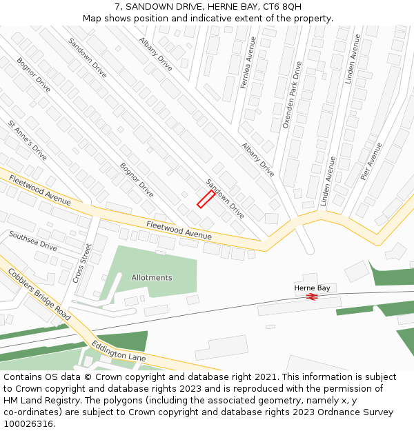 7, SANDOWN DRIVE, HERNE BAY, CT6 8QH: Location map and indicative extent of plot