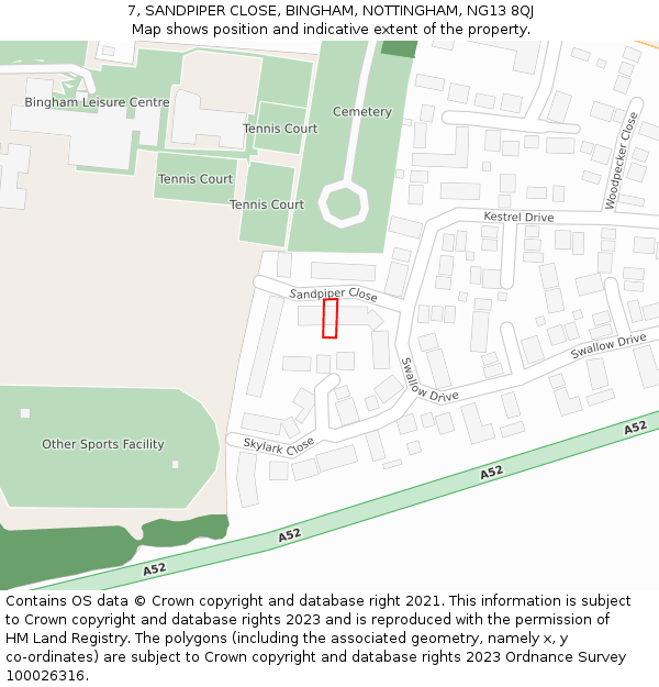 7, SANDPIPER CLOSE, BINGHAM, NOTTINGHAM, NG13 8QJ: Location map and indicative extent of plot