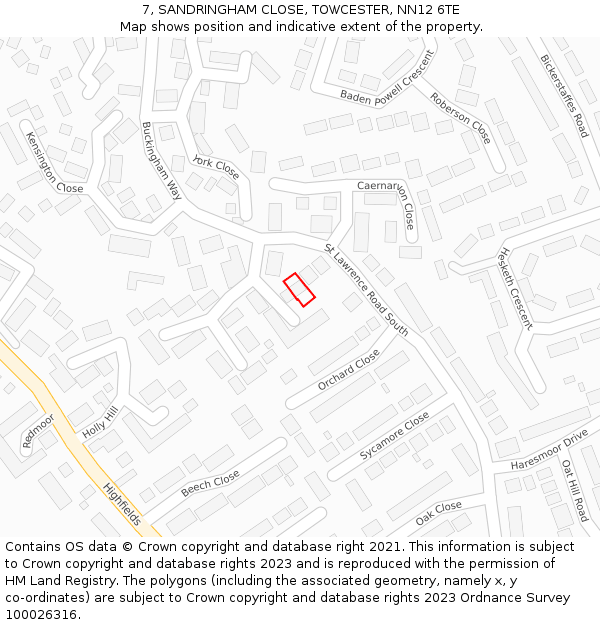 7, SANDRINGHAM CLOSE, TOWCESTER, NN12 6TE: Location map and indicative extent of plot