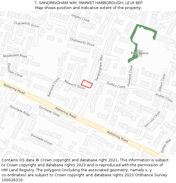 7, SANDRINGHAM WAY, MARKET HARBOROUGH, LE16 8EP: Location map and indicative extent of plot