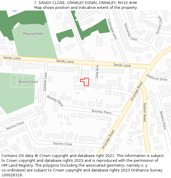 7, SANDY CLOSE, CRAWLEY DOWN, CRAWLEY, RH10 4HW: Location map and indicative extent of plot