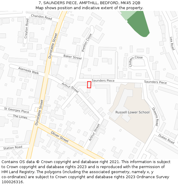 7, SAUNDERS PIECE, AMPTHILL, BEDFORD, MK45 2QB: Location map and indicative extent of plot