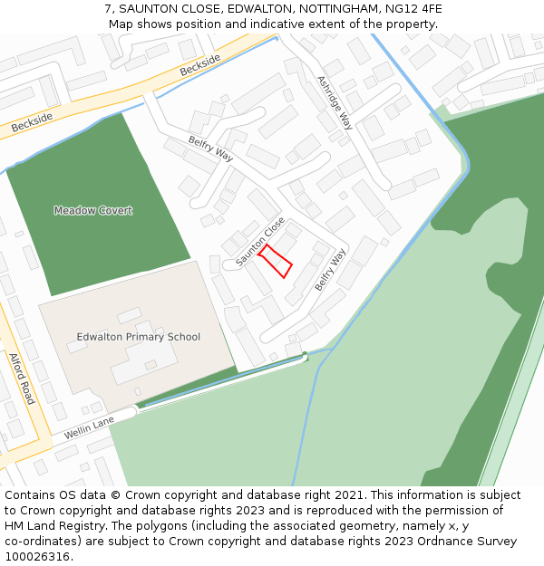 7, SAUNTON CLOSE, EDWALTON, NOTTINGHAM, NG12 4FE: Location map and indicative extent of plot