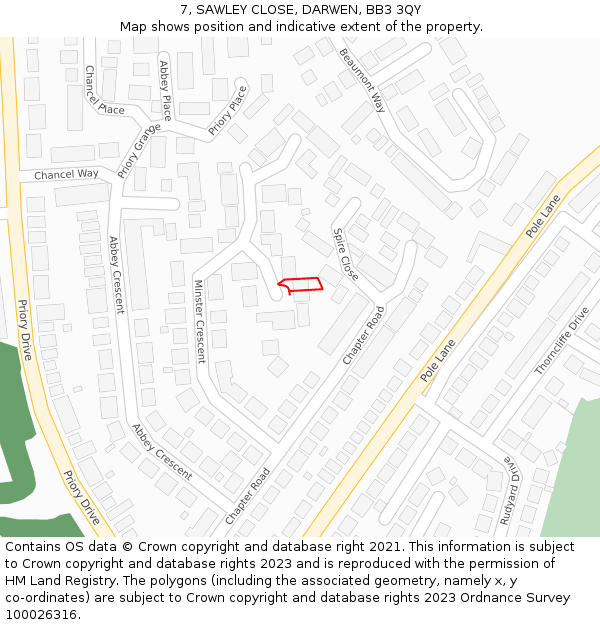 7, SAWLEY CLOSE, DARWEN, BB3 3QY: Location map and indicative extent of plot