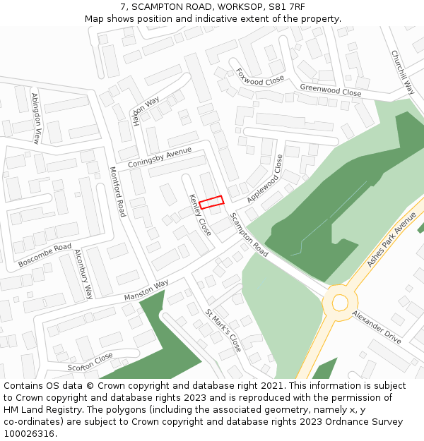 7, SCAMPTON ROAD, WORKSOP, S81 7RF: Location map and indicative extent of plot