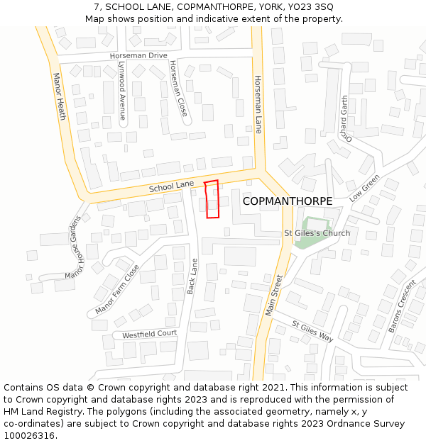 7, SCHOOL LANE, COPMANTHORPE, YORK, YO23 3SQ: Location map and indicative extent of plot