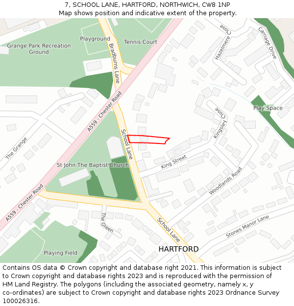 7, SCHOOL LANE, HARTFORD, NORTHWICH, CW8 1NP: Location map and indicative extent of plot