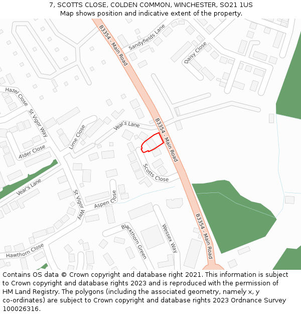 7, SCOTTS CLOSE, COLDEN COMMON, WINCHESTER, SO21 1US: Location map and indicative extent of plot