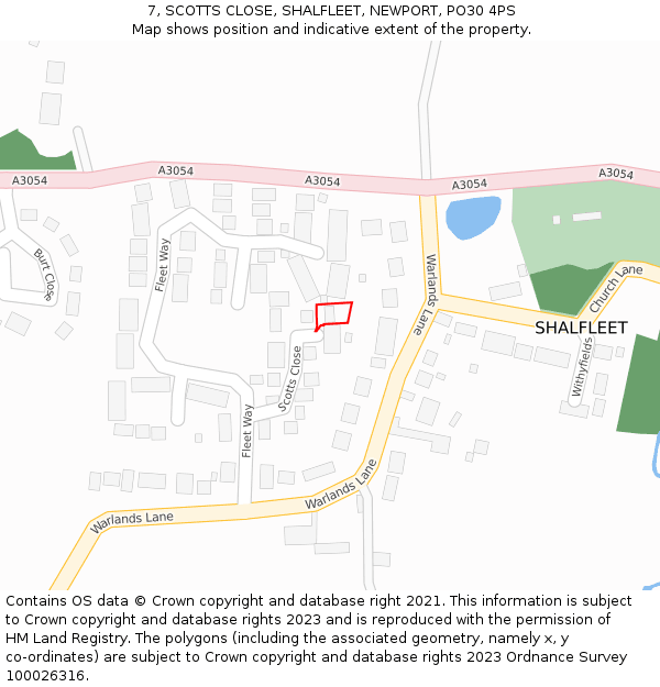 7, SCOTTS CLOSE, SHALFLEET, NEWPORT, PO30 4PS: Location map and indicative extent of plot