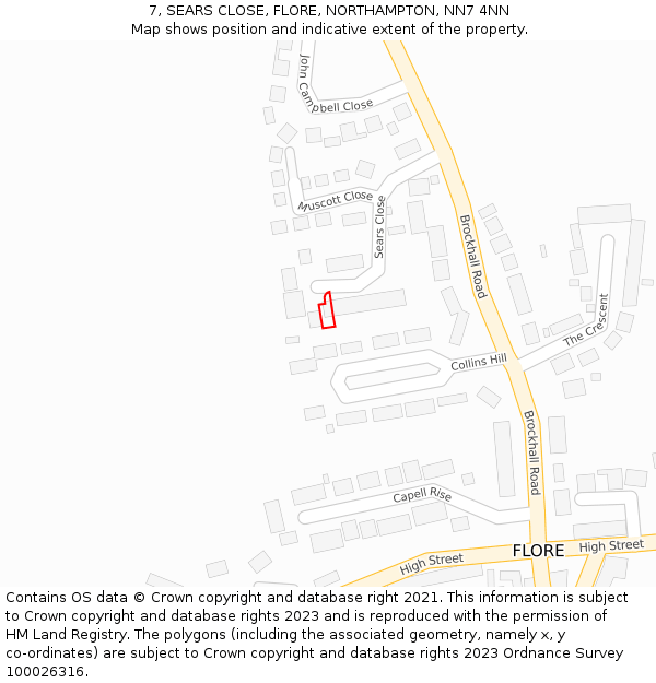 7, SEARS CLOSE, FLORE, NORTHAMPTON, NN7 4NN: Location map and indicative extent of plot