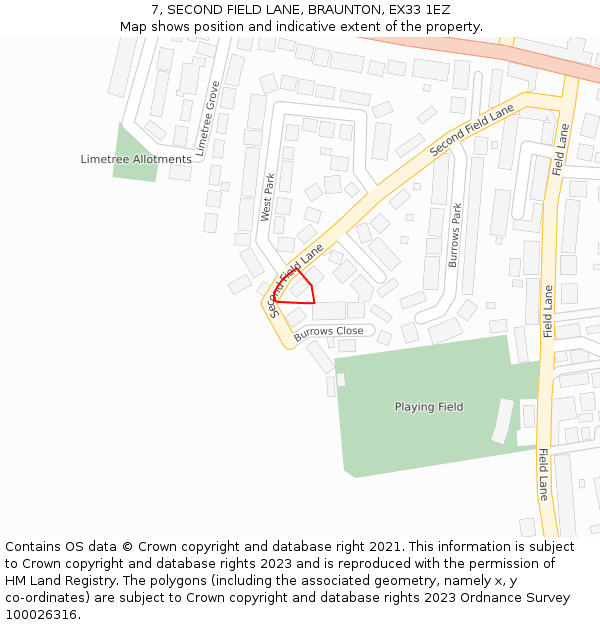 7, SECOND FIELD LANE, BRAUNTON, EX33 1EZ: Location map and indicative extent of plot