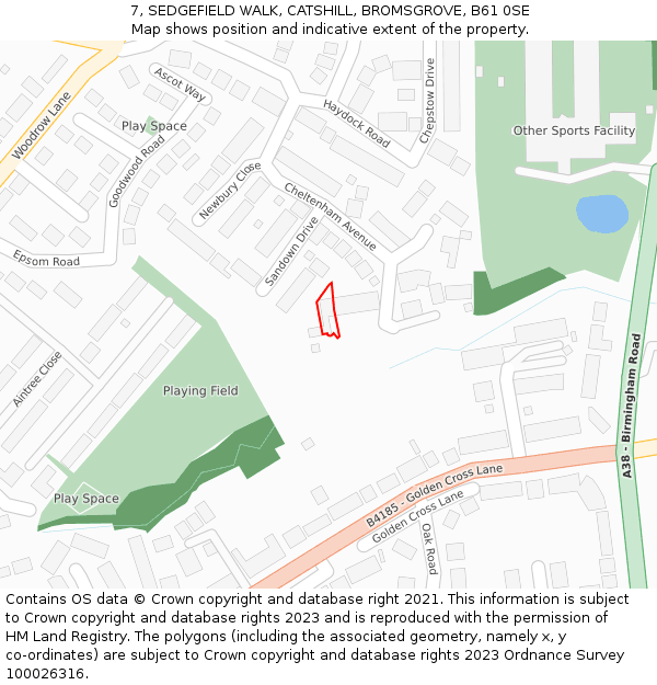 7, SEDGEFIELD WALK, CATSHILL, BROMSGROVE, B61 0SE: Location map and indicative extent of plot