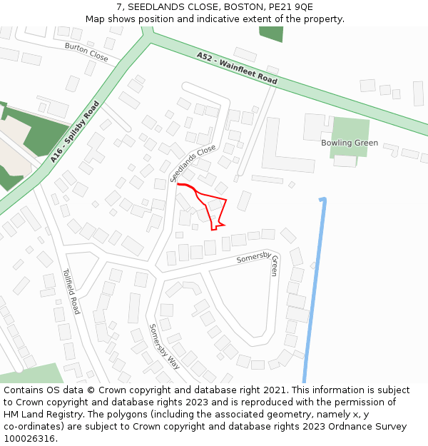 7, SEEDLANDS CLOSE, BOSTON, PE21 9QE: Location map and indicative extent of plot