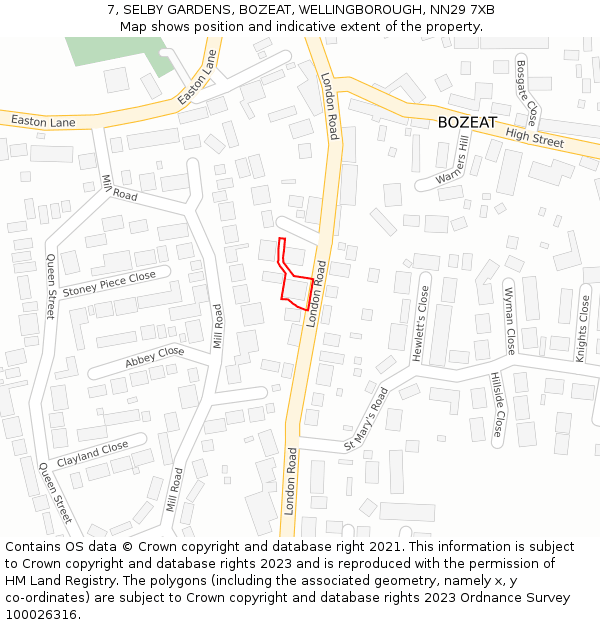 7, SELBY GARDENS, BOZEAT, WELLINGBOROUGH, NN29 7XB: Location map and indicative extent of plot