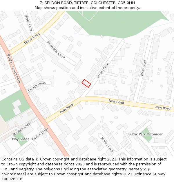 7, SELDON ROAD, TIPTREE, COLCHESTER, CO5 0HH: Location map and indicative extent of plot