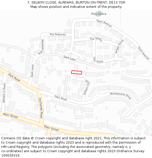 7, SELWYN CLOSE, ALREWAS, BURTON-ON-TRENT, DE13 7DR: Location map and indicative extent of plot